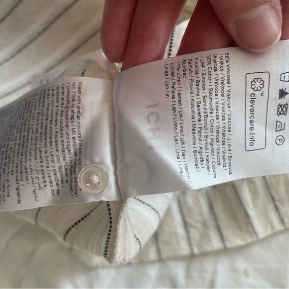 ICHI Striped Button Down Maxi Dress Linen Blend Look V-Neck Short Sleeve Neutral - Picture 15 of 15